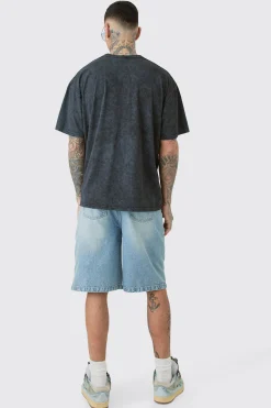 Tall Distressed Oversized Acid Wash Gothic Print T-shirt | BoohooMAN UK