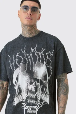 Tall Distressed Oversized Acid Wash Gothic Print T-shirt | BoohooMAN UK