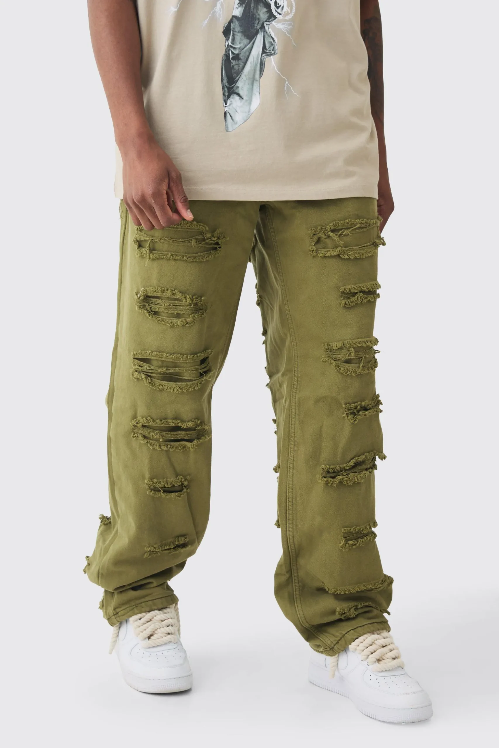 Tall Distressed Twill Overdyed Trouser In Khaki | BoohooMAN UK