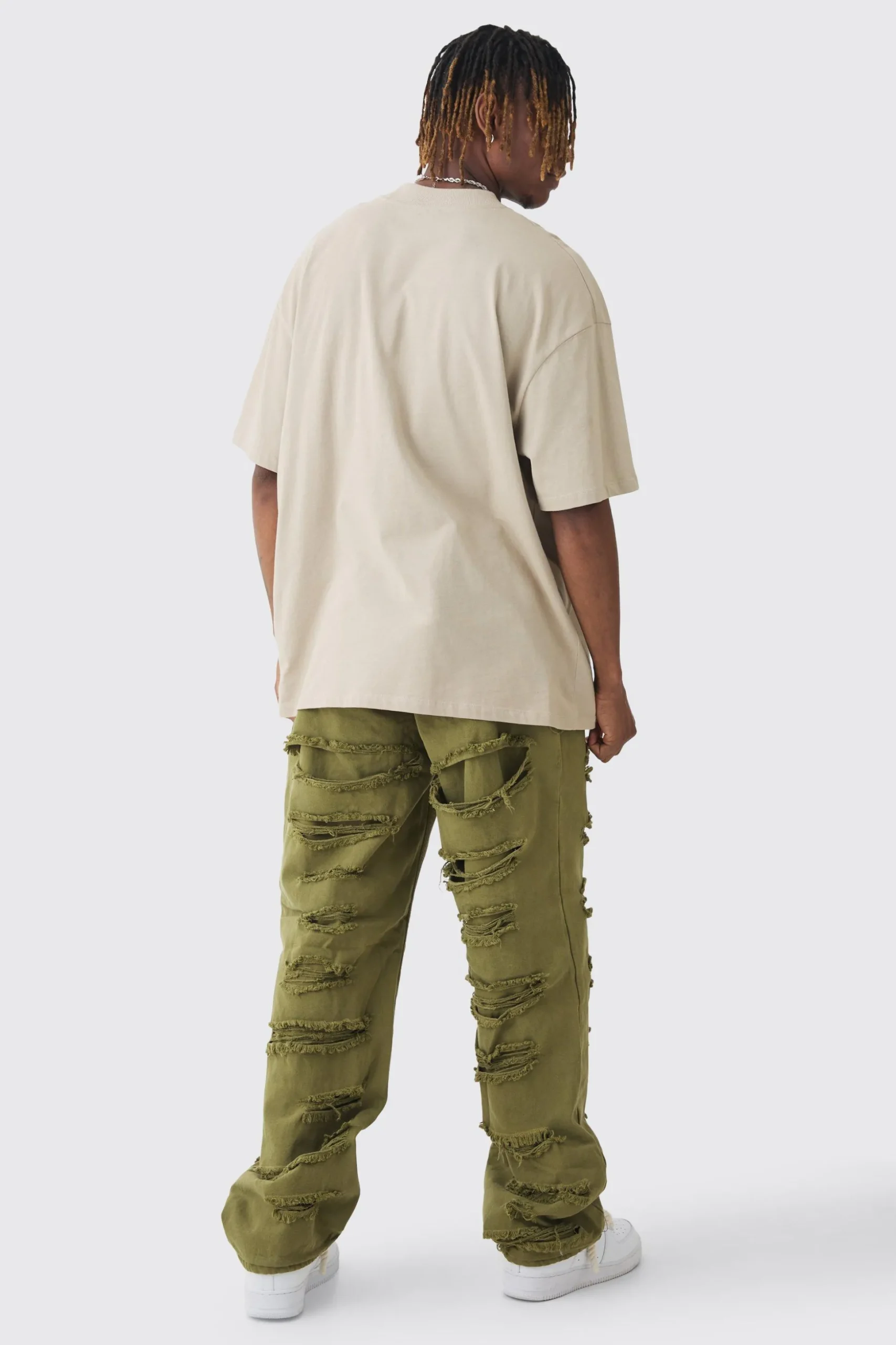 Tall Distressed Twill Overdyed Trouser In Khaki | BoohooMAN UK