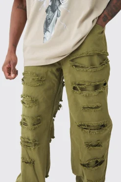 Tall Distressed Twill Overdyed Trouser In Khaki | BoohooMAN UK