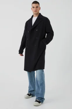 Tall Double Breasted Wool Look Overcoat In Black | BoohooMAN UK