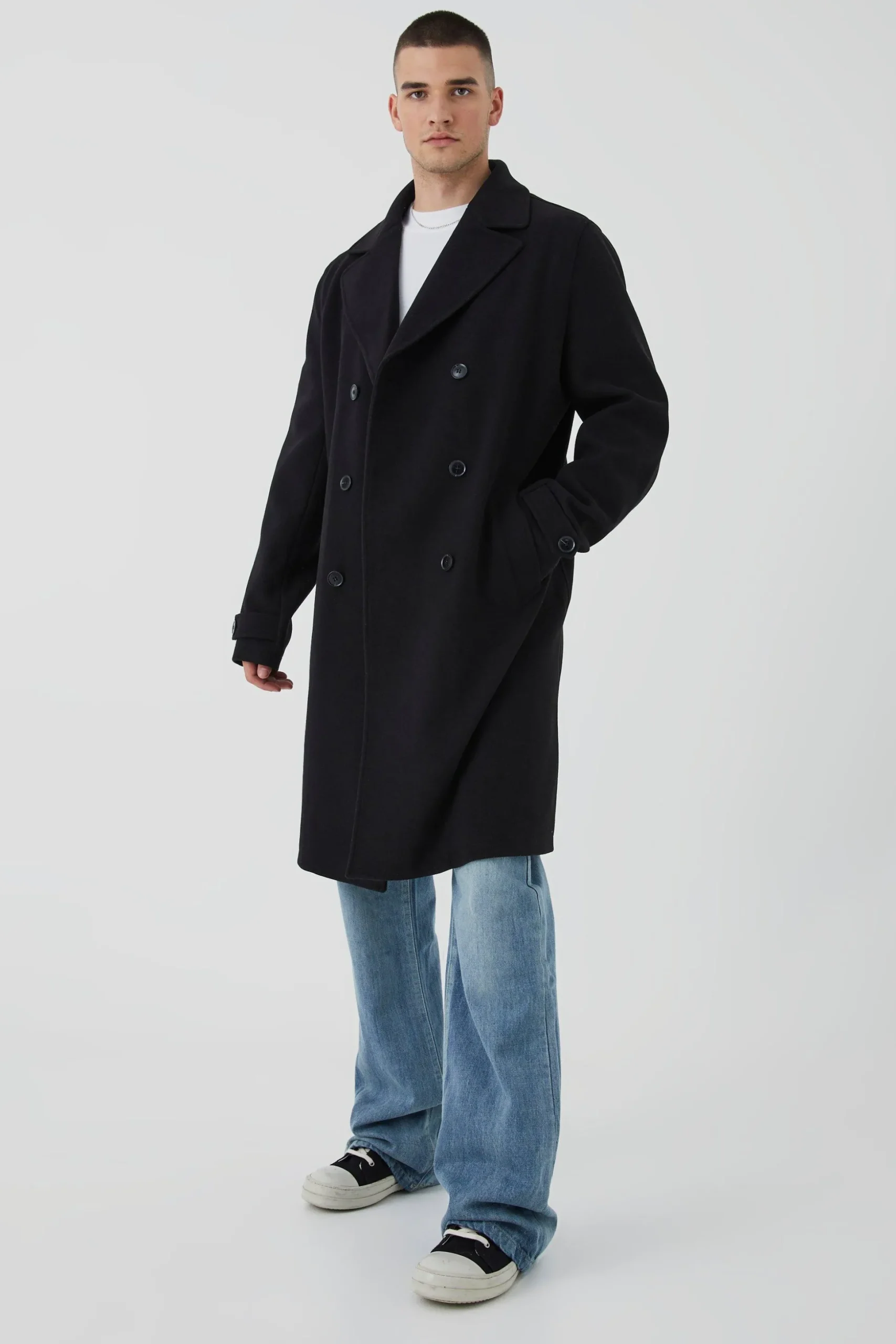 Tall Double Breasted Wool Look Overcoat In Black | BoohooMAN UK