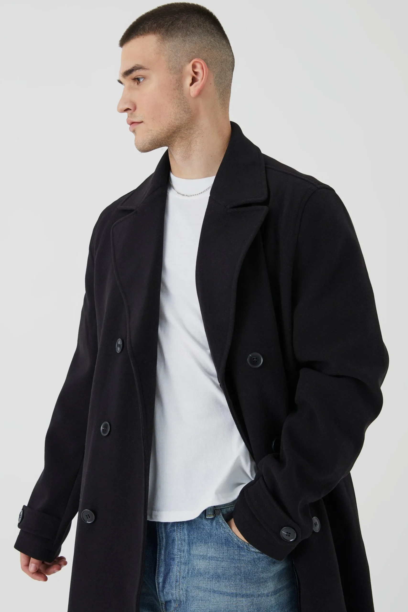 Tall Double Breasted Wool Look Overcoat In Black | BoohooMAN UK