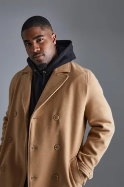 Tall Double Breasted Wool Look Overcoat In Camel | BoohooMAN UK