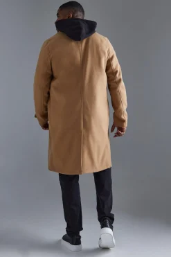 Tall Double Breasted Wool Look Overcoat In Camel | BoohooMAN UK
