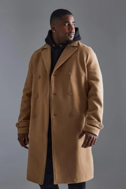 Tall Double Breasted Wool Look Overcoat In Camel | BoohooMAN UK