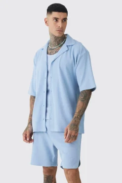 Tall Double Knit Jersey Texture Short Sleeve Shirt And Short Set | BoohooMAN UK