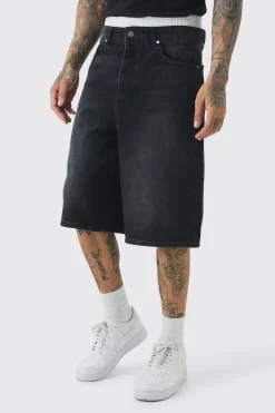 Tall Double Waist Band Denim Jorts In Black | BoohooMAN UK
