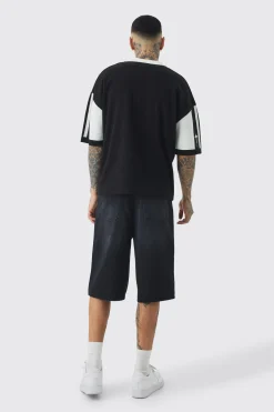 Tall Double Waist Band Denim Jorts In Black | BoohooMAN UK