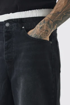 Tall Double Waist Band Denim Jorts In Black | BoohooMAN UK