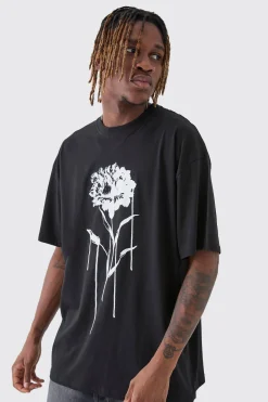Tall Drip Floral Print Oversized T-Shirt | BoohooMAN UK