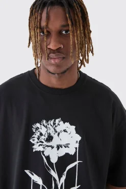 Tall Drip Floral Print Oversized T-Shirt | BoohooMAN UK
