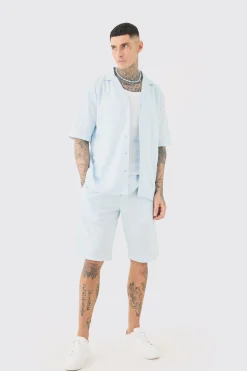 Tall Drop Revere Linen Shirt & Short Set In Light Blue | BoohooMAN UK