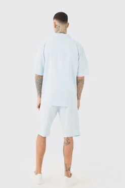 Tall Drop Revere Linen Shirt & Short Set In Light Blue | BoohooMAN UK