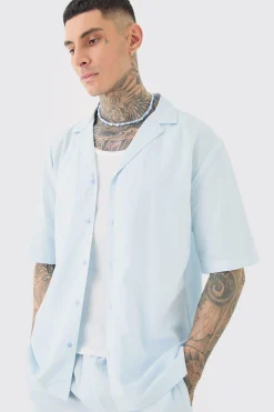 Tall Drop Revere Linen Shirt & Short Set In Light Blue | BoohooMAN UK
