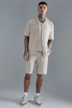 Tall Drop Revere Linen Shirt & Short Set In Natural | BoohooMAN UK