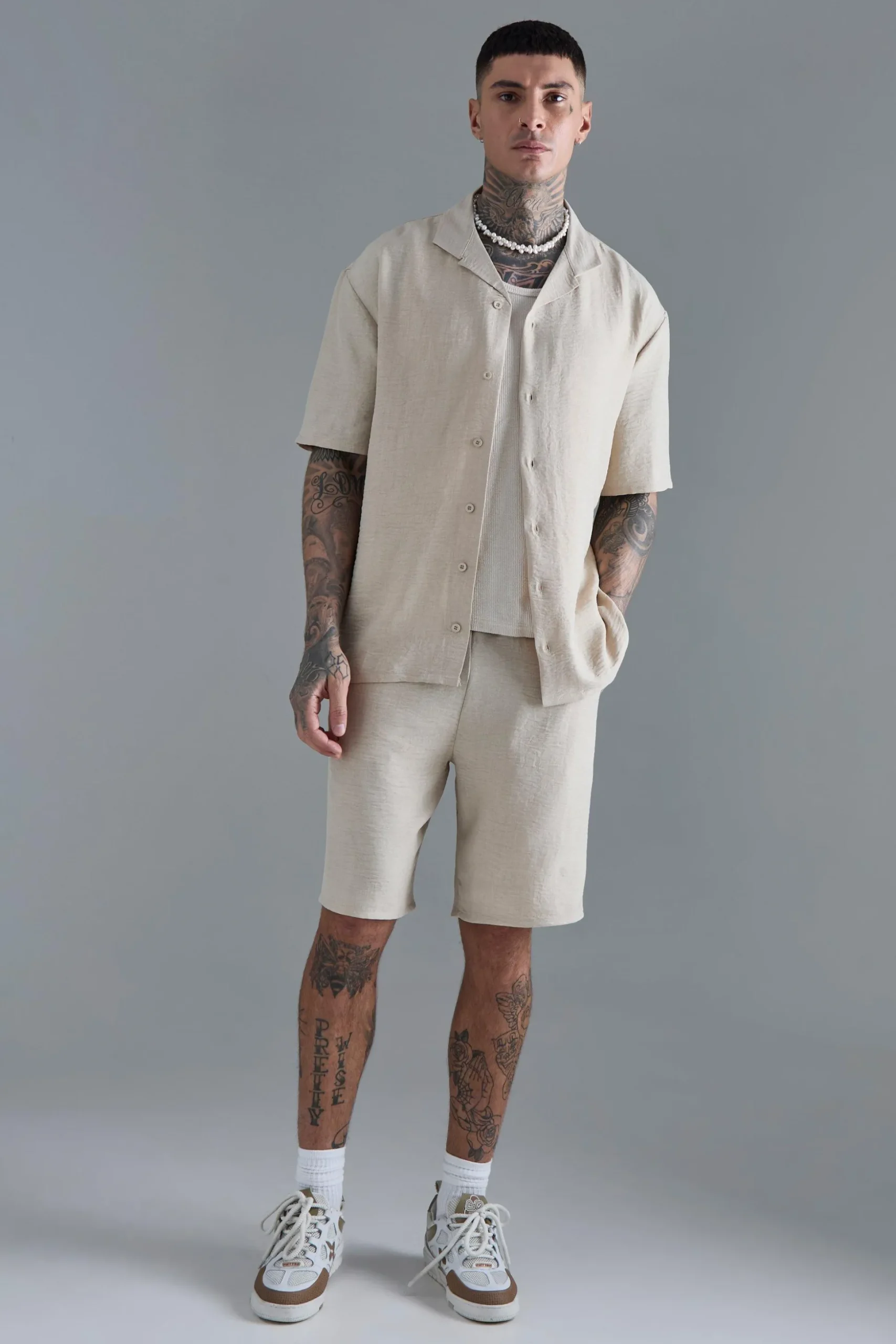 Tall Drop Revere Linen Shirt & Short Set In Natural | BoohooMAN UK