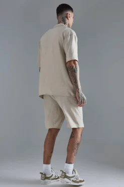 Tall Drop Revere Linen Shirt & Short Set In Natural | BoohooMAN UK