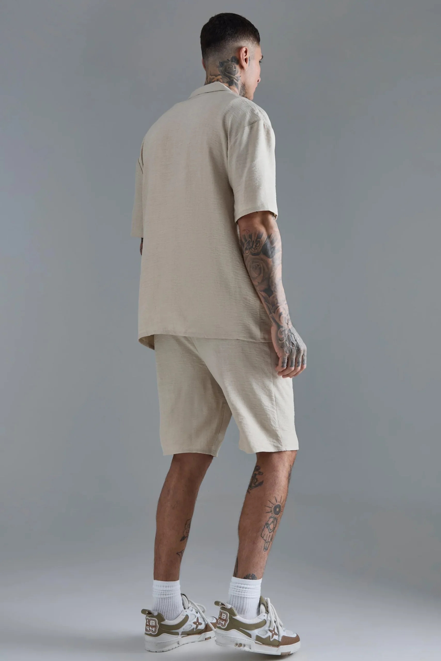 Tall Drop Revere Linen Shirt & Short Set In Natural | BoohooMAN UK