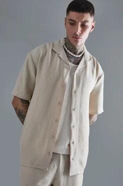 Tall Drop Revere Linen Shirt & Short Set In Natural | BoohooMAN UK