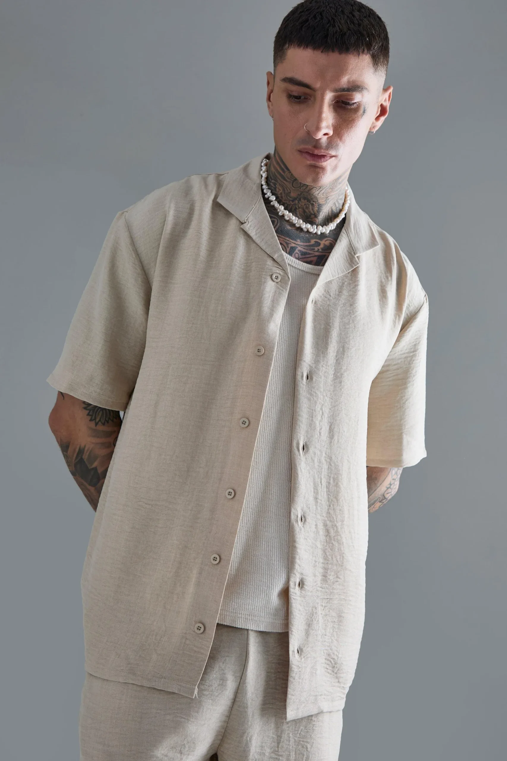 Tall Drop Revere Linen Shirt & Short Set In Natural | BoohooMAN UK