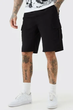 Tall Elastic Waist Relaxed Fit Cargo Shorts In Black | BoohooMAN UK