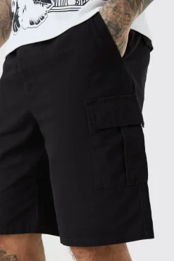 Tall Elastic Waist Relaxed Fit Cargo Shorts In Black | BoohooMAN UK