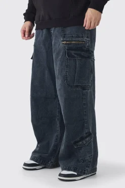 Tall Elasticated Waist Acid Wash Parachute Cargo Jeans | BoohooMAN UK