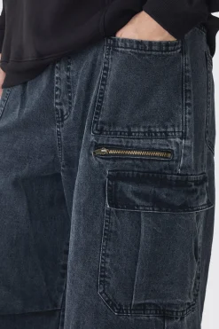 Tall Elasticated Waist Acid Wash Parachute Cargo Jeans | BoohooMAN UK