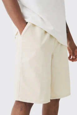 Tall Elasticated Waist Drawcord Detail Slim Fit Shorts In Ecru | BoohooMAN UK
