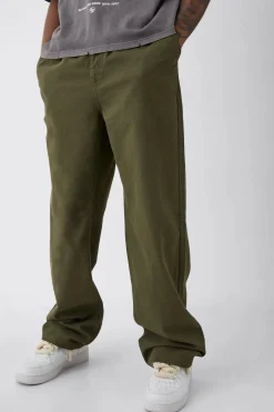 Tall Elasticated Waist Drawcord Detail Relaxed Fit Trouser In Khaki | BoohooMAN UK