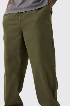 Tall Elasticated Waist Drawcord Detail Relaxed Fit Trouser In Khaki | BoohooMAN UK