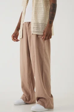 Tall Elasticated Waist Oversized Linen Cargo Trouser In Taupe | BoohooMAN UK