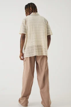 Tall Elasticated Waist Oversized Linen Cargo Trouser In Taupe | BoohooMAN UK