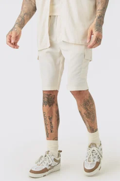 Tall Elasticated Waist Relaxed Linen Cargo Shorts In Natural | BoohooMAN UK