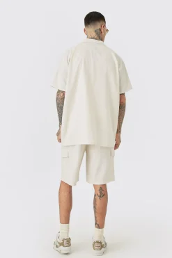Tall Elasticated Waist Relaxed Linen Cargo Shorts In Natural | BoohooMAN UK