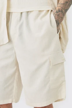 Tall Elasticated Waist Relaxed Linen Cargo Shorts In Natural | BoohooMAN UK