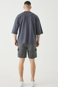 Tall Elasticated Waist Textured Cargo Short In Charcoal | BoohooMAN UK