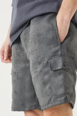 Tall Elasticated Waist Textured Cargo Short In Charcoal | BoohooMAN UK