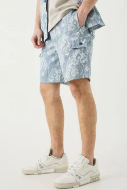 Tall Elasticated Waist Textured Cargo Short In Blue | BoohooMAN UK