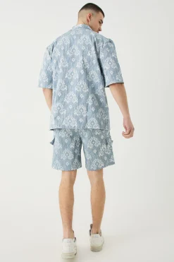 Tall Elasticated Waist Textured Cargo Short In Blue | BoohooMAN UK