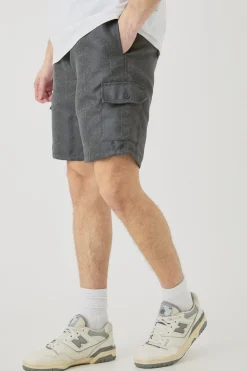 Tall Elasticated Waist Textured Cargo Short In Charcoal | BoohooMAN UK