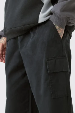 Tall Elasticated Waist Twill Relaxed Fit Cargo Trouser | BoohooMAN UK