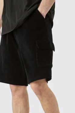 Tall Elasticated Waist Velour Cargo Shorts | BoohooMAN UK