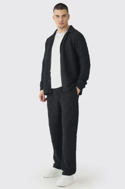 Tall Elevated Pleated Shirt And Straight Fit Trouser Set In Black | BoohooMAN UK