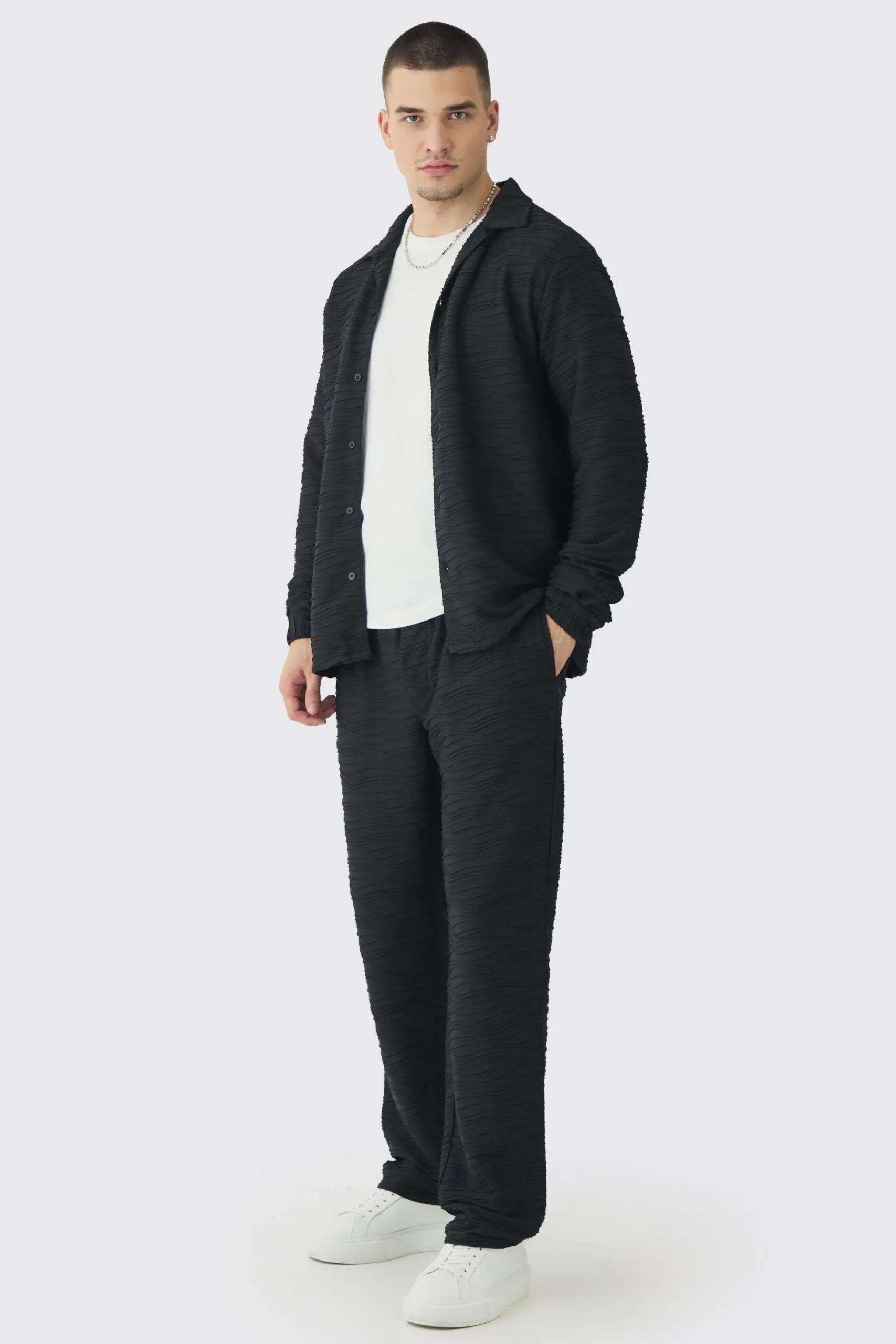 Tall Elevated Pleated Shirt And Straight Fit Trouser Set In Black | BoohooMAN UK