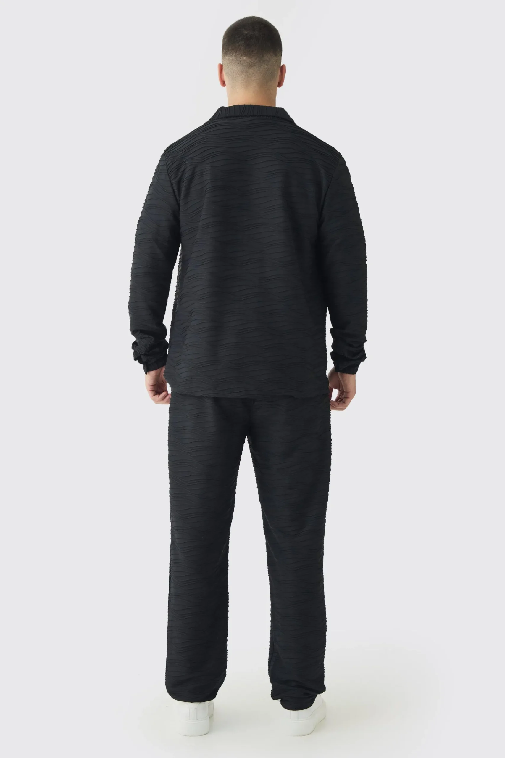 Tall Elevated Pleated Shirt And Straight Fit Trouser Set In Black | BoohooMAN UK