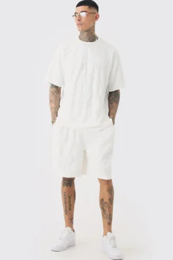 Tall Embossed Check Towelling T-Shirt & Short Set In White | BoohooMAN UK