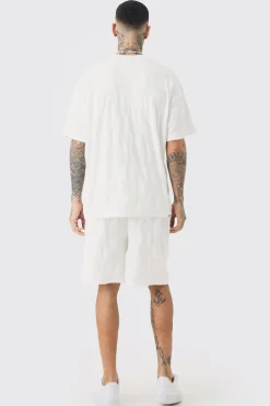 Tall Embossed Check Towelling T-Shirt & Short Set In White | BoohooMAN UK